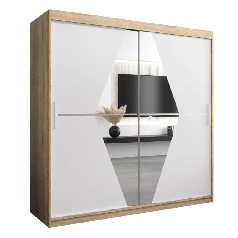 2 Meter breiter Kleiderschrank mit 2 Türen | Farbe: Sonoma Eiche / Weiß Abbildung