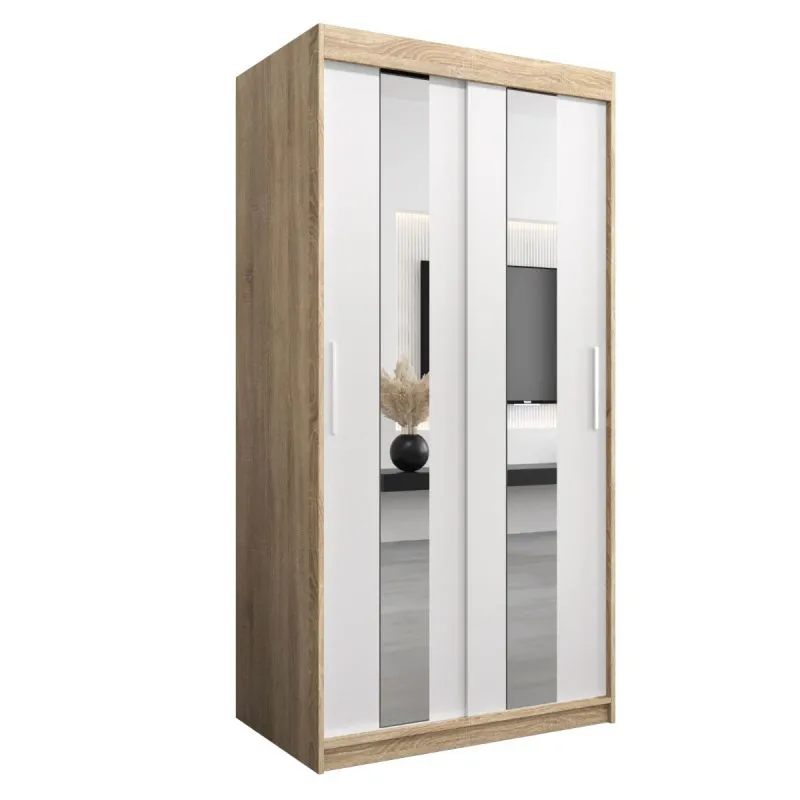 1 Meter breiter Kleiderschrank mit 2 Türen | Farbe: Sonoma Eiche / Weiß Abbildung