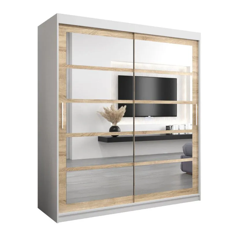 180 cm breiter Schiebetürenschrank mit 2 Türen | 10 Fächer | 2 Kleiderstangen | Farbe: Sonoma Eiche / Weiß Abbildung
