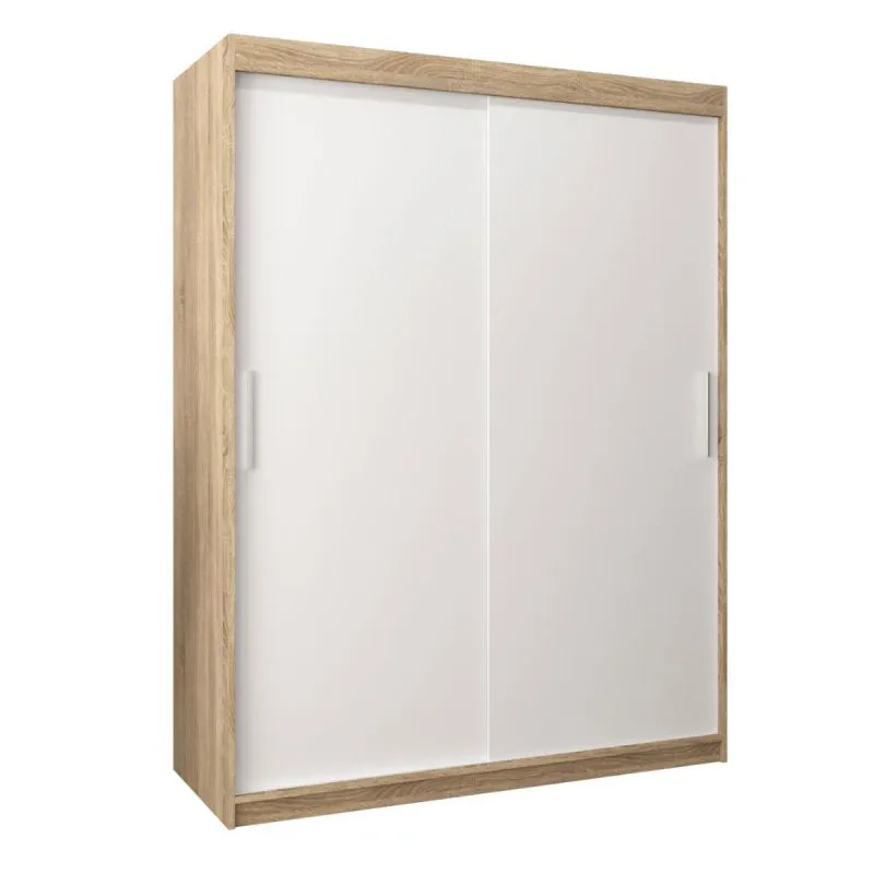 150 cm breiter Schiebetürenschrank mit 2 Türen | 5 Fächer | 2 Kleiderstangen | Farbe: Sonoma Eiche / Weiß Abbildung