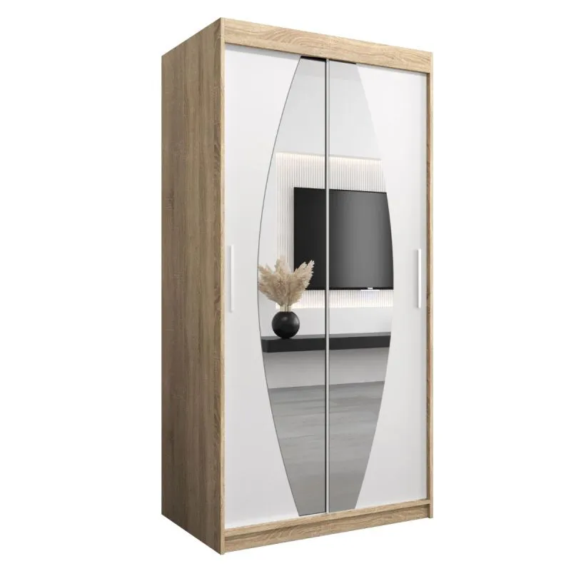 1 Meter breiter Kleiderschrank mit 2 Türen | Farbe: Sonoma Eiche / Weiß Abbildung