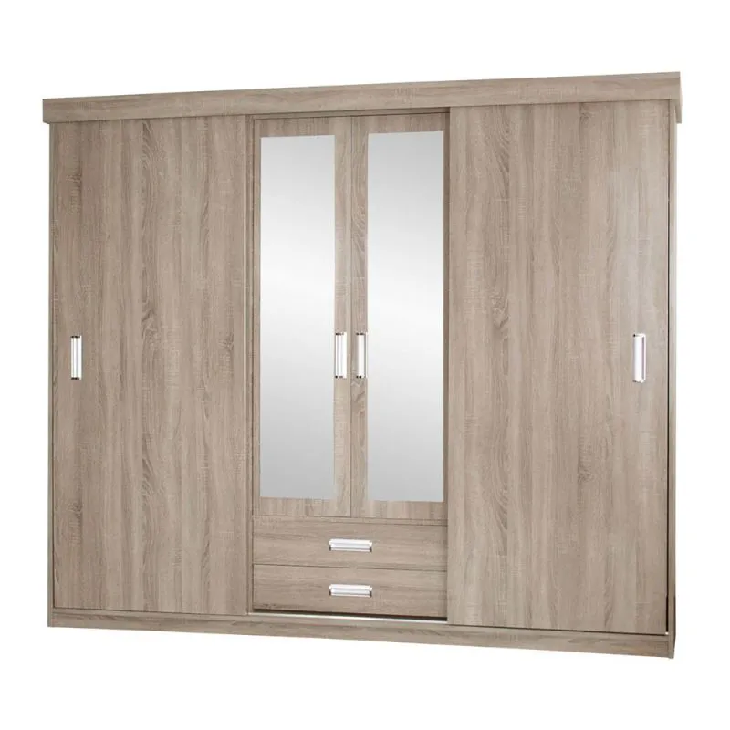 240 cm breiter Kleiderschrank mit 4 Türen, 5 Fächern und 2 Schubladen | Farbe: Sonoma Eiche | Tiefe: 62 cm Abbildung