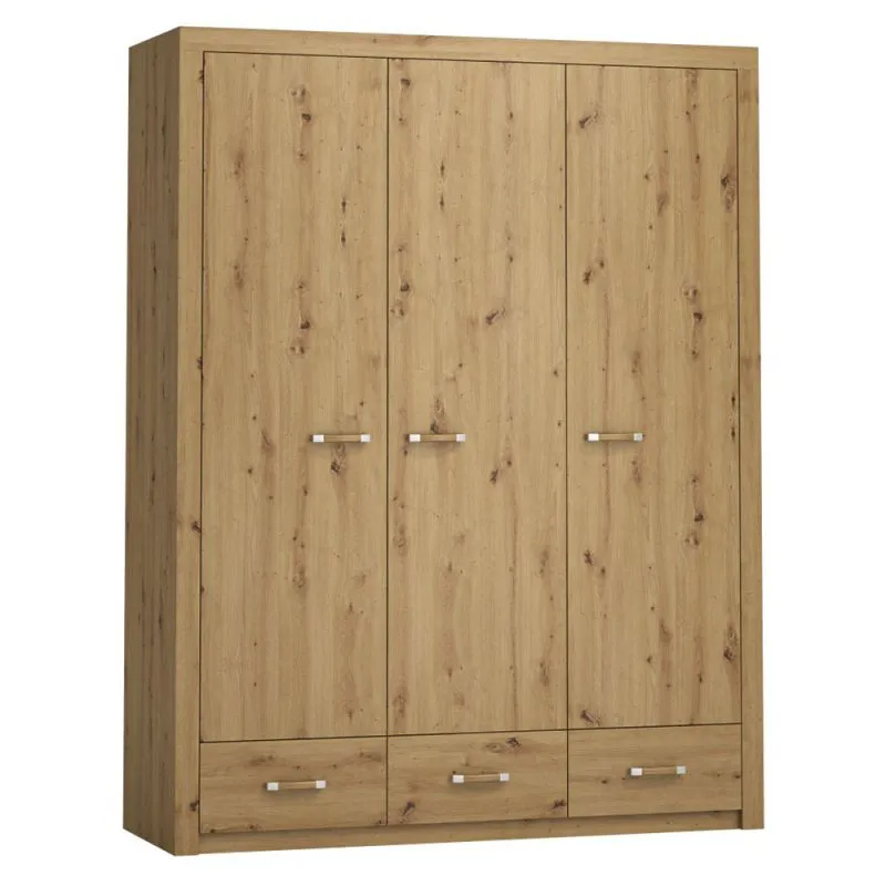 Kleiderschrank | 3 Drehtüren | 3 Schublade | 5 Fächer | mit Kleiderstange | 156 cm breit | Farbe: Eiche Abbildung