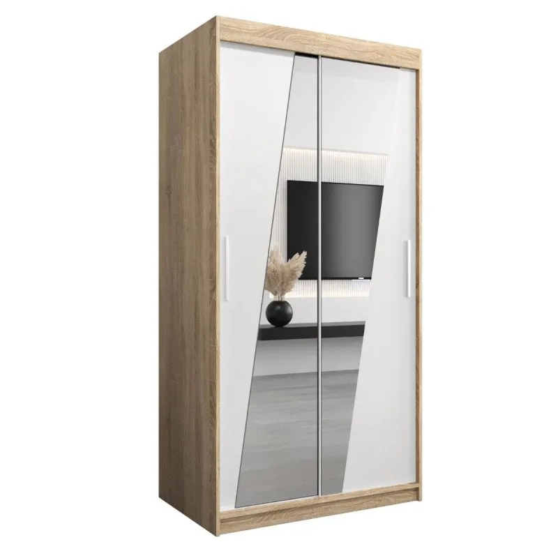 100 cm breiter Schiebetürenschrank mit 5 Fächern und 2 Türen | Farbe: Sonoma Eiche / Weiß | Laminiert Abbildung