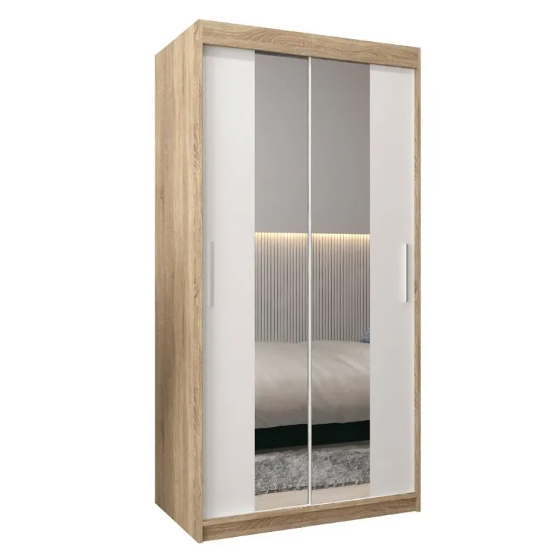 100 cm breiter Schiebetürenschrank mit 2 Türen | 5 Fächer | 2 Kleiderstangen | Farbe: Sonoma Eiche / Weiß Abbildung