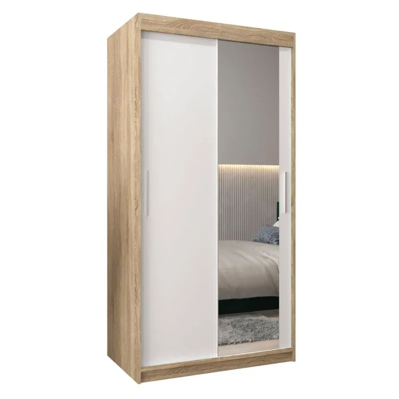 100 cm breiter Schiebetürenschrank mit 2 Türen | 5 Fächer | 2 Kleiderstangen | Farbe: Sonoma Eiche / Weiß Abbildung
