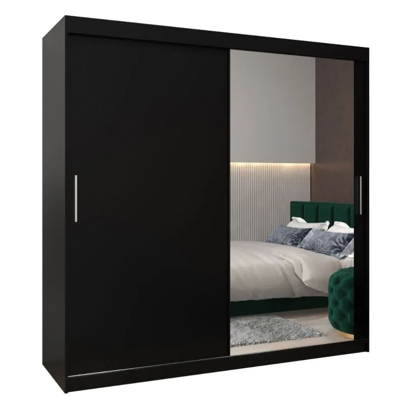 200 cm breiter Schiebetürenschrank mit 2 Türen | 10 Fächer | 2 Kleiderstangen | Farbe: Schwarz Abbildung