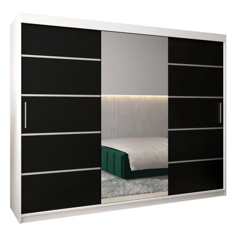 250 cm breiter Schiebetürenschrank mit 3 Türen | 10 Fächer | 2 Kleiderstangen | Farbe: Weiß / Schwarz Abbildung