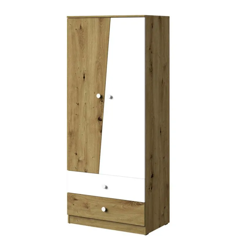 Schmaler 80 cm breiter Kleiderschrank mit 2 Türen, 4 Fächern und 2 Schubladen | Farbe: Eiche | Tiefe: 50 cm Abbildung