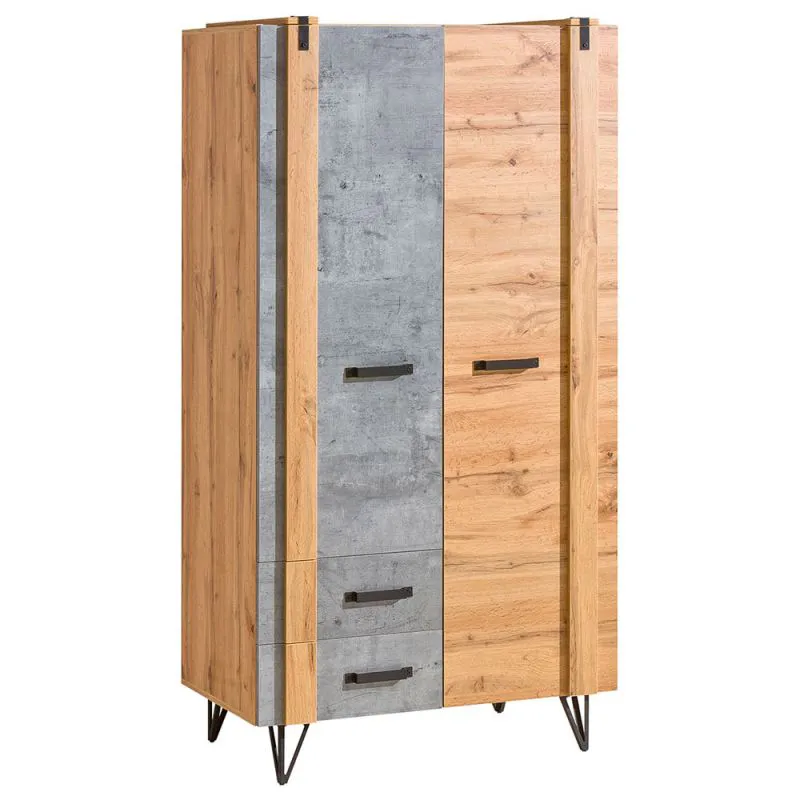 Kleiderschrank | 2 Drehtüren | 2 Schublade | 2 Fächer | mit Kleiderstange | 90 cm breit | Farbe: Eiche Abbildung