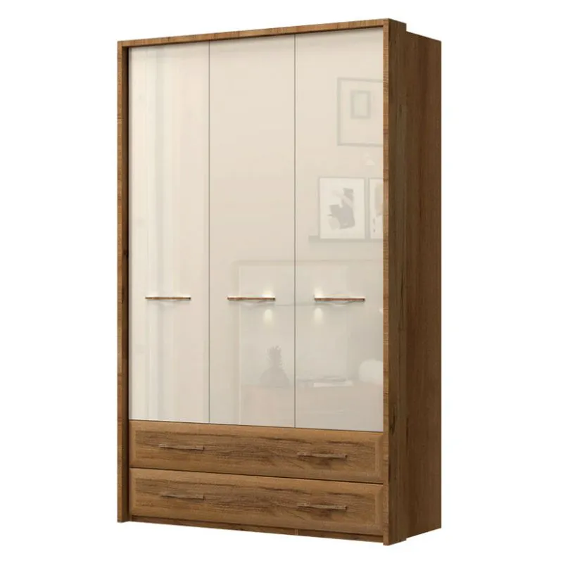 137 cm breiter Kleiderschrank mit 3 Türen, 2 Fächern und 2 Schubladen | Farbe: Beige | Tiefe: 56 cm Abbildung