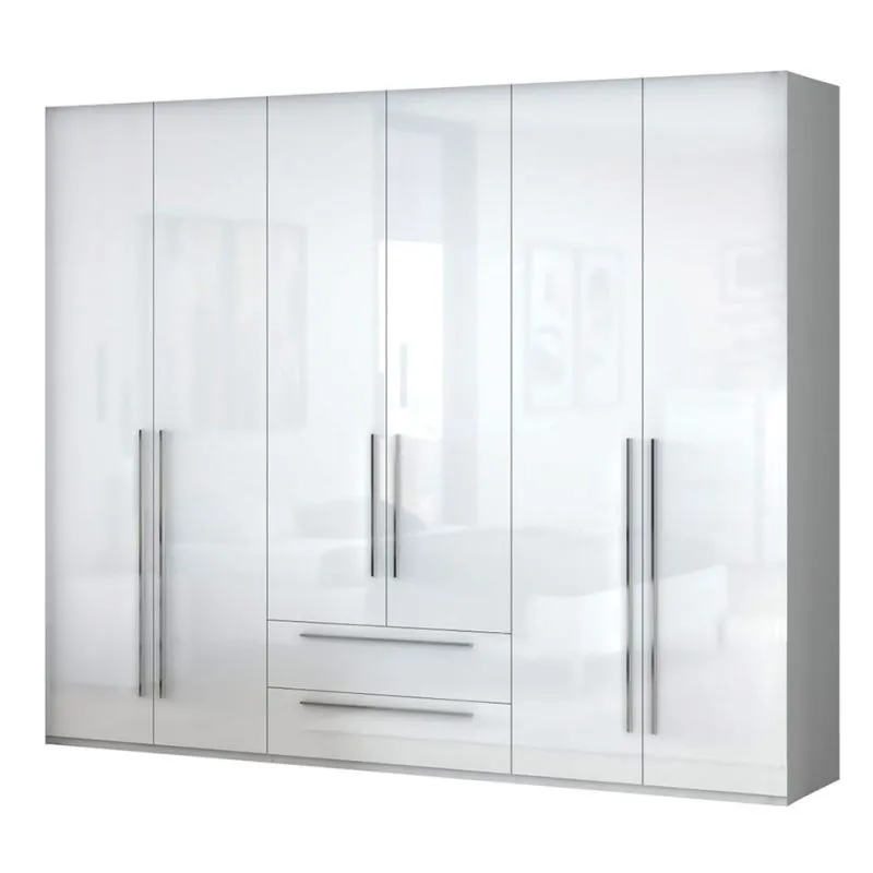 Kleiderschrank | 6 Drehtüren | 2 Schubladen | 7 Fächer | mit 3 Kleiderstangen | 272 cm breit | Farbe: Weiß Abbildung