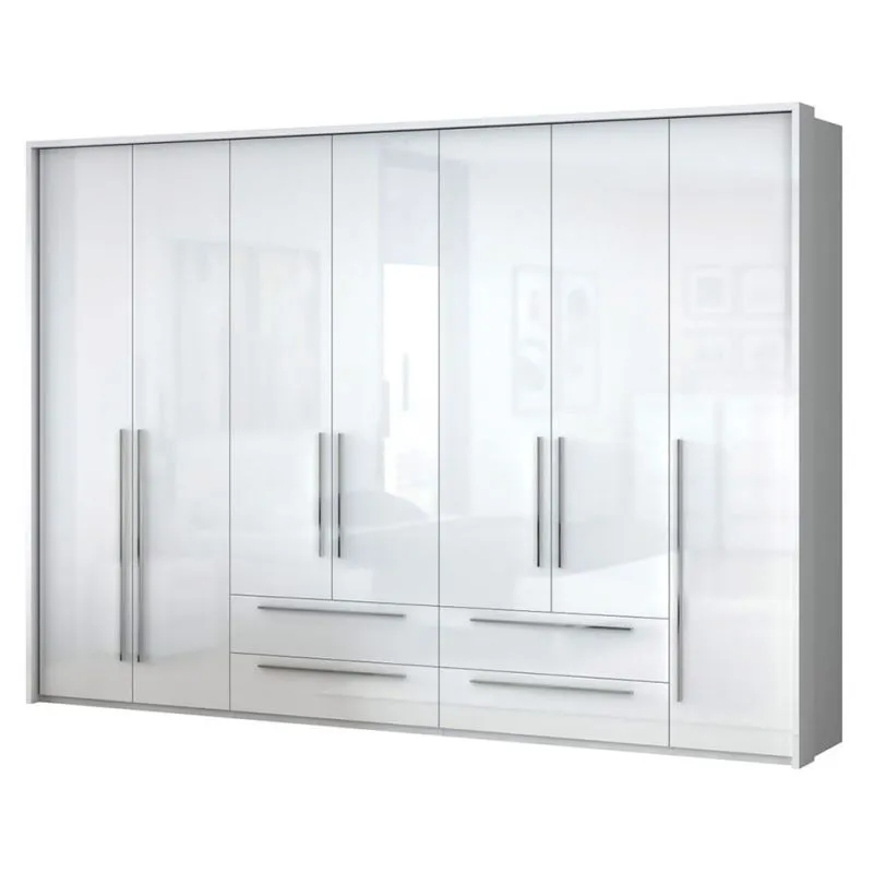 Kleiderschrank | 7 Drehtüren | 4 Schubladen | 8 Fächer | mit 4 Kleiderstangen | 322 cm breit | Farbe: Weiß Abbildung