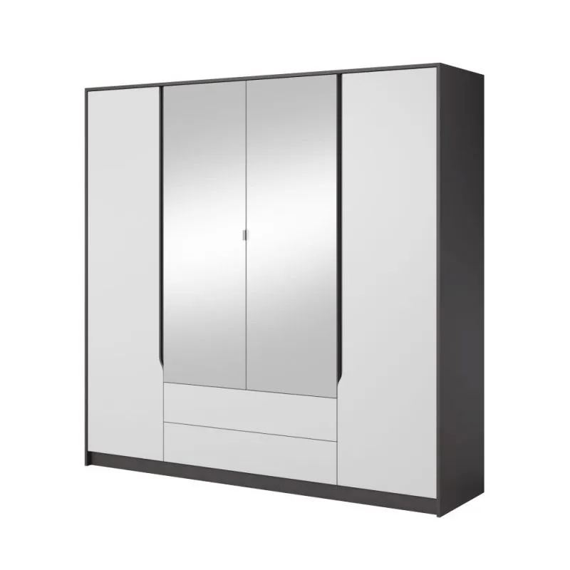 Kleiderschrank | 4 Drehtüren | 2 Schubladen | 8 Fächer | mit 2 Kleiderstangen | 200 cm breit | Farbe: Grau / Weiß Abbildung
