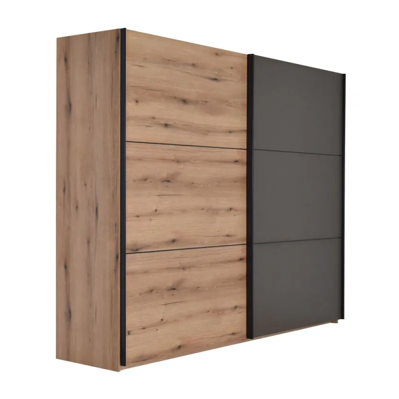 269 cm breiter Kleiderschrank mit 2 Türen, 8 Fächern und 3 Schubladen | Farbe: Eiche | Tiefe: 64 cm Abbildung
