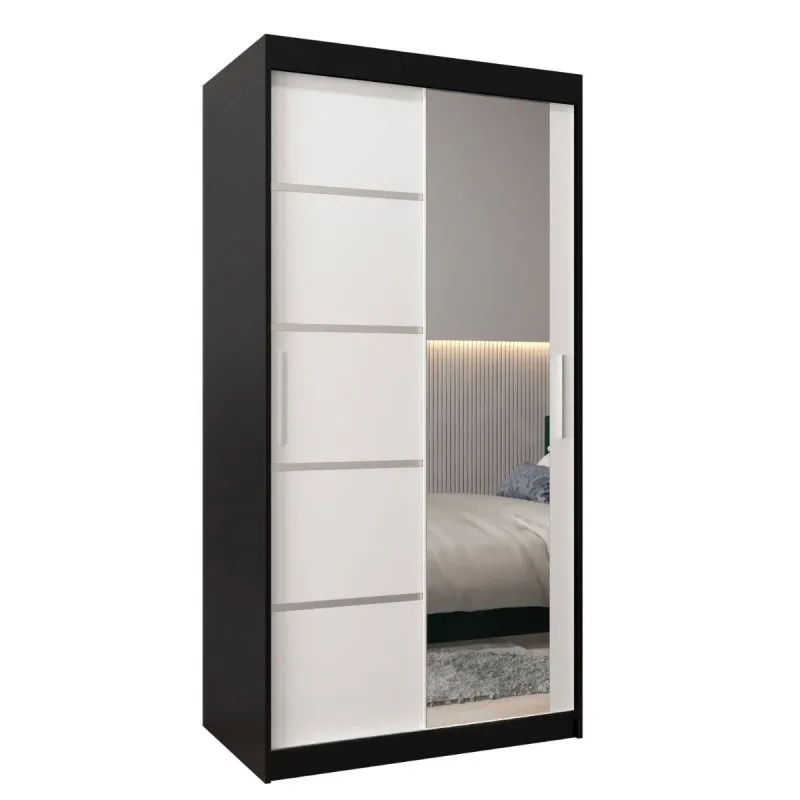 100 cm breiter Schiebetürenschrank mit 2 Türen | 5 Fächer | 2 Kleiderstangen | Farbe: Weiß / Schwarz Abbildung