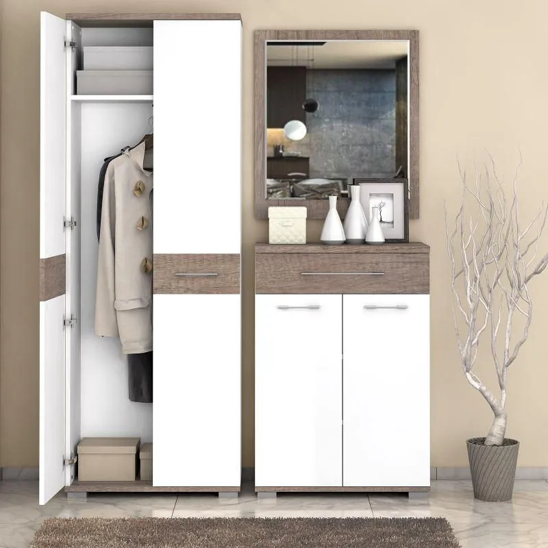 Easy Möbel Garderobe Komplett - Set B Sagone, 3-teilig, Farbe: Eiche Dunkelbraun / Weiß Abbildung