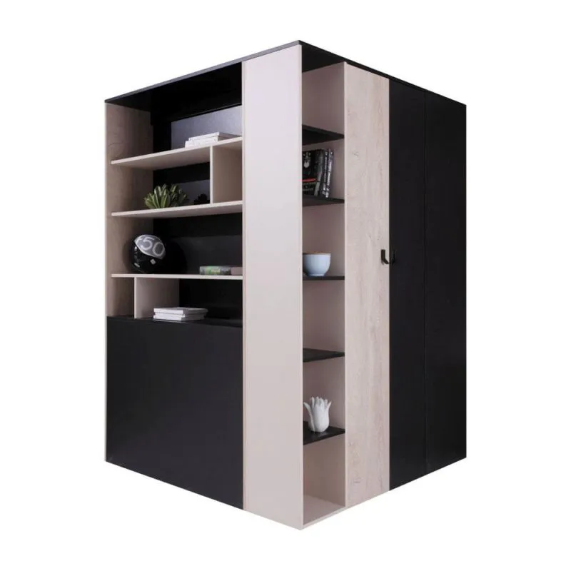 Eckkleiderschrank begehbar, Farbe: Eiche / Creme / Schwarz - Abmessungen: 190 x 135 x 135 cm (H x B x T) Abbildung