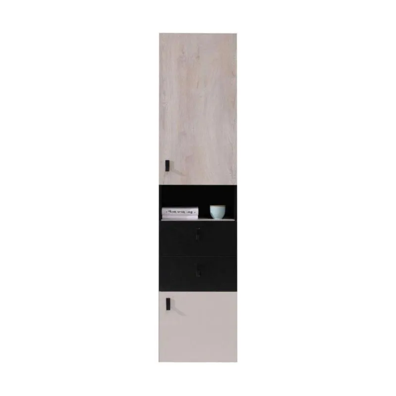 Jugendzimmer - Schrank schmal, Farbe: Eiche / Creme / Schwarz - Abmessungen: 190 x 45 x 40 cm (H x B x T) Abbildung