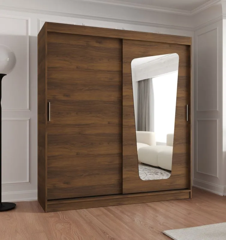Kleiderschrank| 1,8 Meter breit | Farbe: Walnuss | eine Spiegeltür | Aluminiumschienen | 10 Fächer | Schiebetürenschrank | zwei Kleiderstangen
