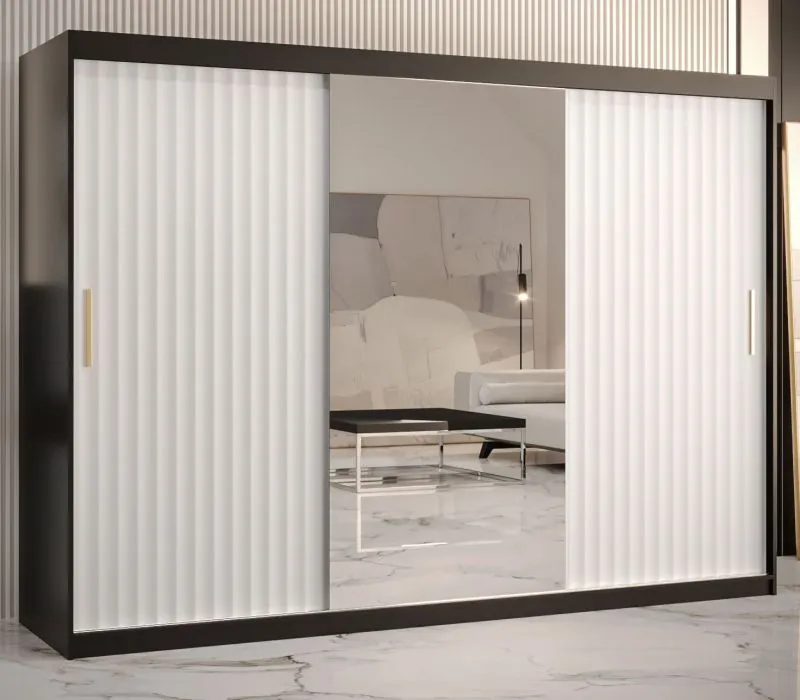 Großer Kleiderschrank mit 10 Fächern Balmenhorn 95, Farbe: Schwarz matt / Weiß matt - Abmessungen: 200 x 250 x 62 cm (H x B x T), mit einer Spiegeltür