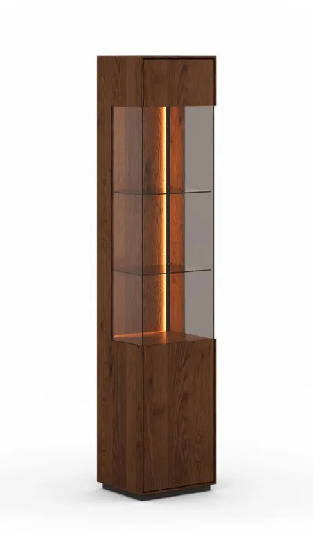 Vitrine Sienne 02 Türanschlag rechtsseitig, inkl. LED-Beleuchtung, Holz gebürstet, Maße: 205 x 43 x 37 cm, in Tabacco geölt, getöntes Glas, Push-to-open