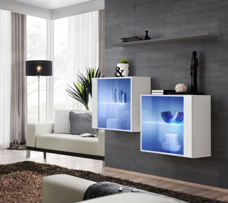 Zwei edle Hängevitrinen mit LED-Beleuchtung Balestrand 360, Farbe: Weiß / Grau - Abmessungen: 110 x 130 x 30 cm (H x B x T), mit Wandregal