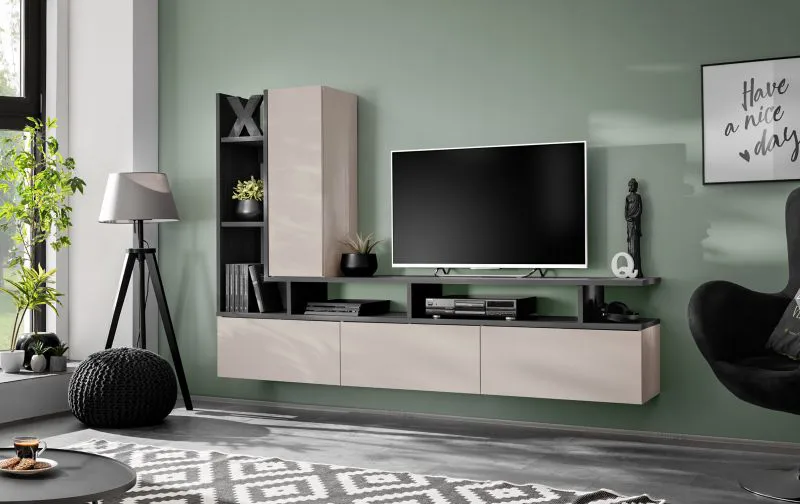 Wohnwand | Farbe: Kaschmir / Eiche Graphite | Funktionalität & Komfort | Maße: 210 x 35 x 140 cm | 1 TV-Unterschrank | 1 Schrank | für Wohnzimmer