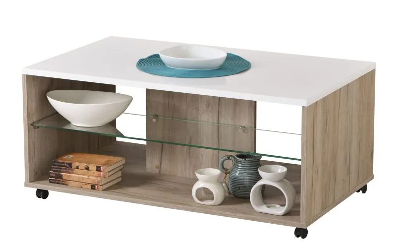 Couchtisch / Kaffeetisch auf vier Rollen Sopot 01, Farbe: Eiche Grau / Weiß Hochglanz, praktisch und modern, eine Glasablagefläche, ABS, Maße: 45 x 101 x 60 cm