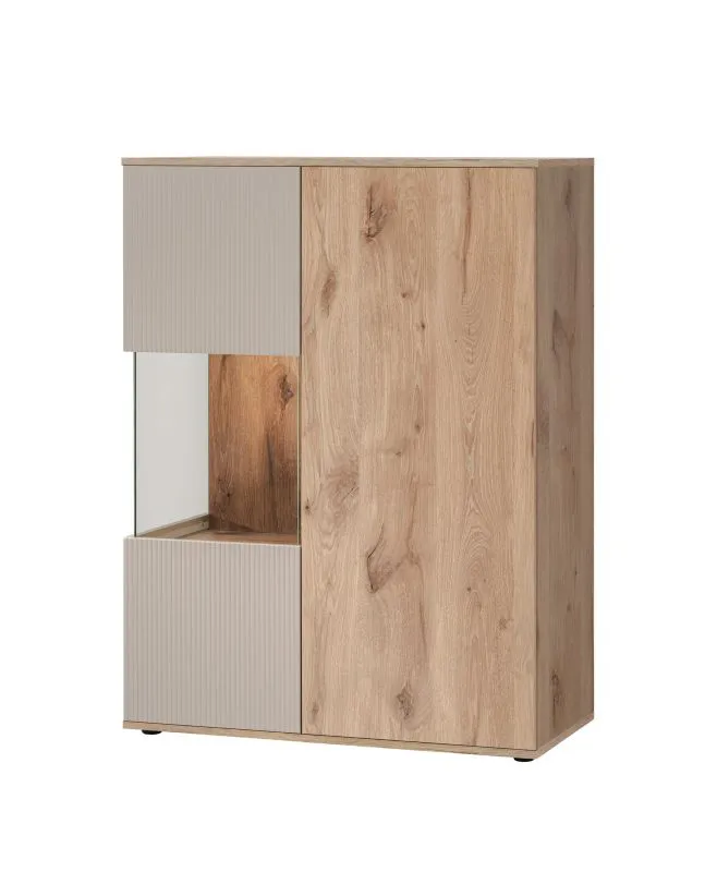 Vitrine | inkl. LED-Beleuchtung | Farbe: Eiche Viking / Kaschmir | Push-to-open Funktion | Maße: 90 x 40 x 120 cm | 6 Fächer | für Wohnzimmer