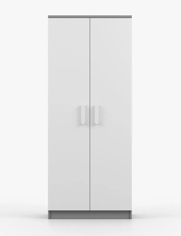 Kleiderschrank / Drehtürenschrank | Weiß / Grau | Smolikas 65 | 2 Türen | weiße Holzgriffe | 5 Fächer | 1 Kleiderstange | 192 x 80 x 50 cm