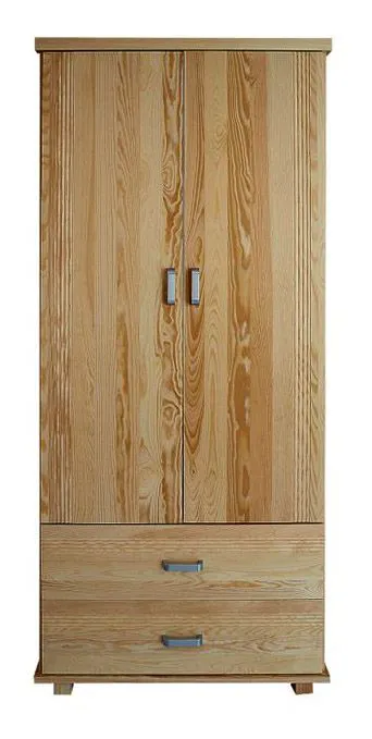 Schmaler Kleiderschrank | 2 Drehtüren | 2 Schubladen | 1 Fach | mit Kleiderstange | 80 cm breit | Massivholz | Farbe: Natur Abbildung