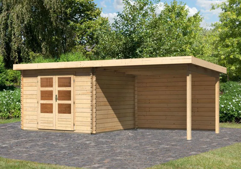 Gartenhaus SET AKTION mit Pultdach inkl. Anbaudach & Rückwand, Farbe: Naturbelassen, Grundfläche: 7,84 m²