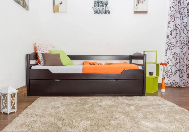 Buche Bett mit Schublade 90 x 200 cm Schokobraun Abbildung