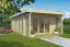 Flachdach Ferienhaus F24 mit Terrasse, 19,18 m², 70 mm Blockbohlen, Fichte/Kiefer Naturbelassen, inkl. Fußboden & Isolierverglasung, Bodenhohe Fenster