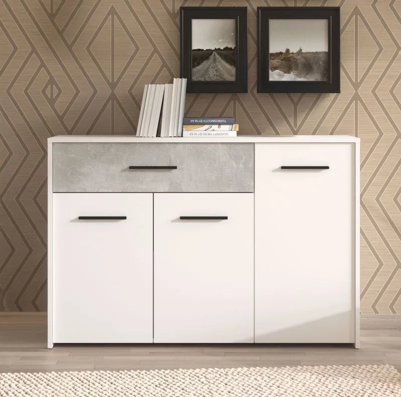 Sideboard / Kommode mit einer Schublade Brus 11, Farbe: Weiß / Beton, drei Türen, vier Fächer, ABS-Kanten, Maße: 80,5 x 119 x 33 cm, für Wohnzimmer