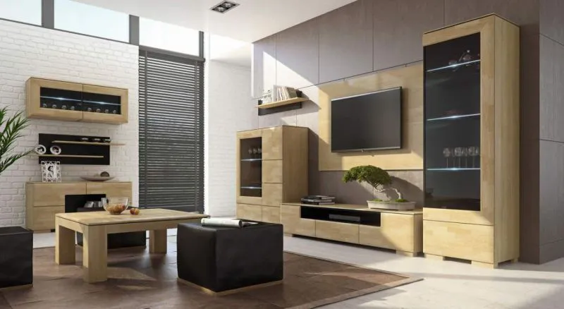 Easy Möbel Wohnzimmer Komplett - Set K Lipik, 12-teilig, teilmassiv, Farbe: Eiche / Schwarz Abbildung