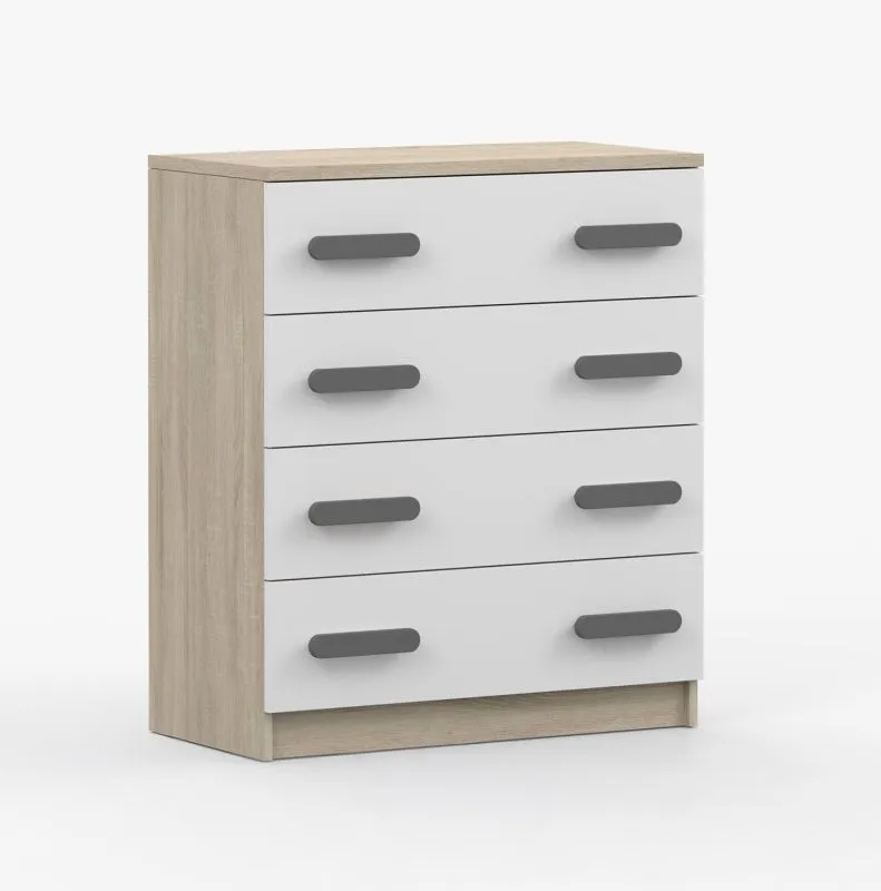 80 cm breite Kommode | Smolikas 08 | Weiß / Sonoma Eiche | 4 Schubladen | graue Holzgriffe | 90 x 80 x 40 cm | Kinder | Jugend