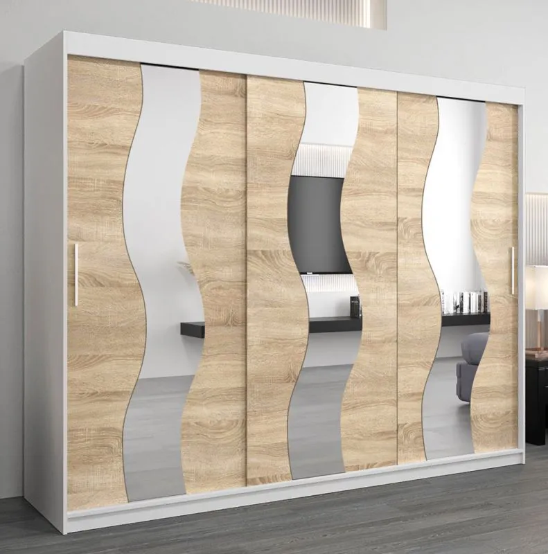 Großer 250 cm breiter Kleiderschrank mit 10 Fächern und 3 Türen | Farbe: Sonoma Eiche / Weiß Abbildung