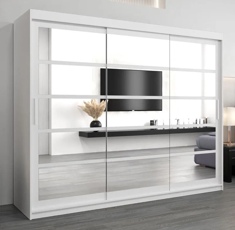 Großer 250 cm breiter Kleiderschrank mit 10 Fächern und 3 Türen | Farbe: Weiß Abbildung