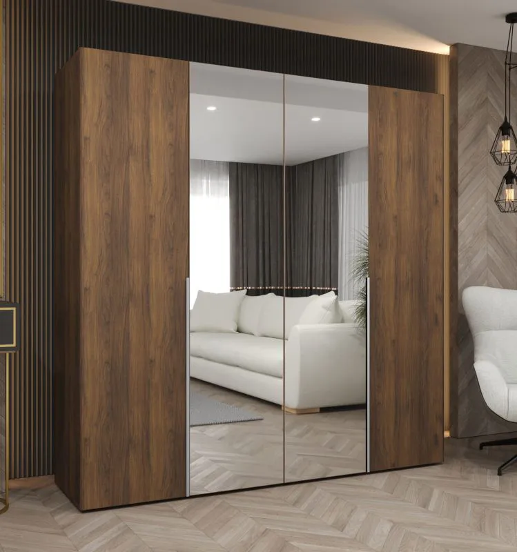 Kleiderschrank / Drehtürenschrank mit zwei Kleiderstangen | Farbe: Walnuss | 2 Meter breit | zwei Fächer | Griffe: Silber | zwei Spiegeltüren