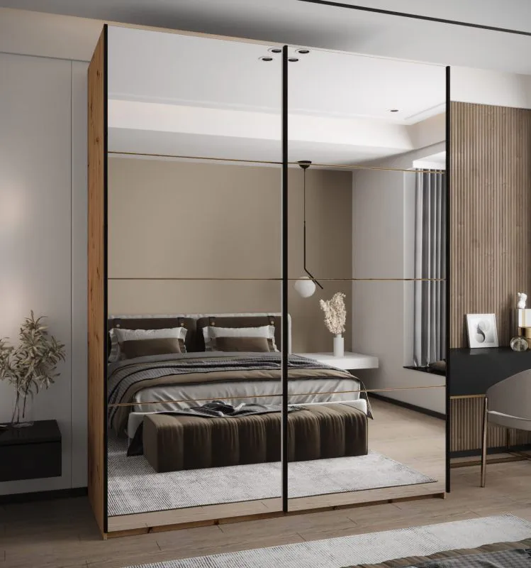 Kleiderschrank / Schiebetürenschrank | 2 Kleiderstangen | 245,5 x 200 x 64 cm | 11 Fächer | Soft-Close | 2 Schiebetüren | Spiegel | Farbe: Eiche Artisan