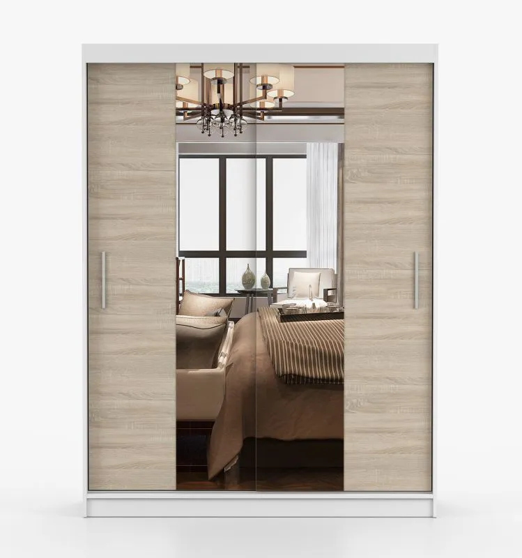 Schiebetürenschrank / Kleiderschrank | Spiegel | Sonoma Eiche / Weiß | Bucegi 05 | 200 x 150 x 61 cm | 2 Türen | Griffe: Aluminium | 6 Fächer
