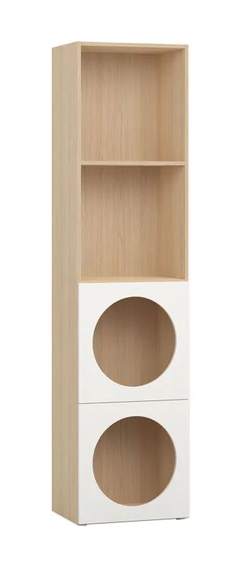 Modernes Bücherregal mit zwei Türen Aenna 73, Farbe: Eiche / Weiß, vier Fächer, Maße: 202,5 x 50,5 x 35 cm, einfaches und modernes Design