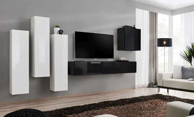 Wohnwand mit modernen Design Balestrand 37, Farbe: Weiß / Schwarz - Abmessungen: 160 x 330 x 40 cm (H x B x T), mit fünf Türen