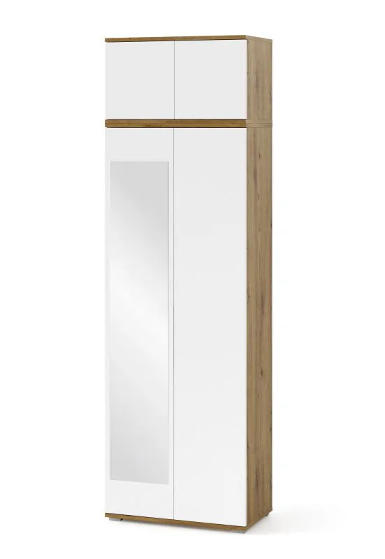 Kleiderschrank mit Schrankaufsatz Jaralillo 02, Farbe: Eiche Artisan / Weiß, Push-to-open Funktion, ausziehbare Kleiderstange, Maße: 225 x 70 x 40 cm
