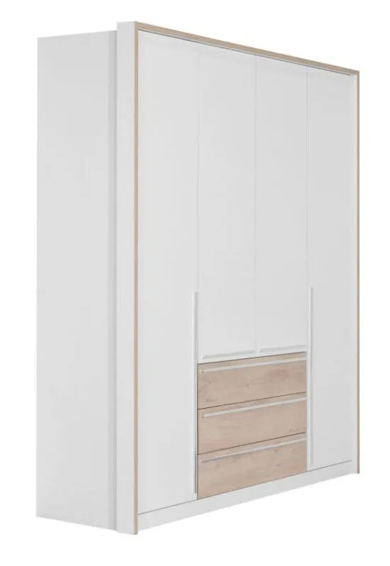 195 cm breiter Kleiderschrank mit 4 Türen, 5 Fächern und 3 Schubladen | Farbe: Eiche / Weiß | Tiefe: 56 cm Abbildung