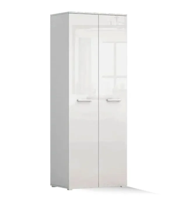 Drehtürenschrank / Kleiderschrank | Weiß Hochglanz | Doppelflügeltüren | 199 x 80 x 51 cm | 2 Fächer | Einfarbiges Minimal-Design | dünne Griffe