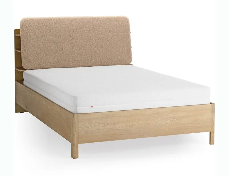 Doppelbett | Farbe: Eiche / Taupe | 140 x 200 cm | gepolsterte Kopfstütze | inkl. Lattenrost | vier offene Regale | Behälter hinter Rückenlehne