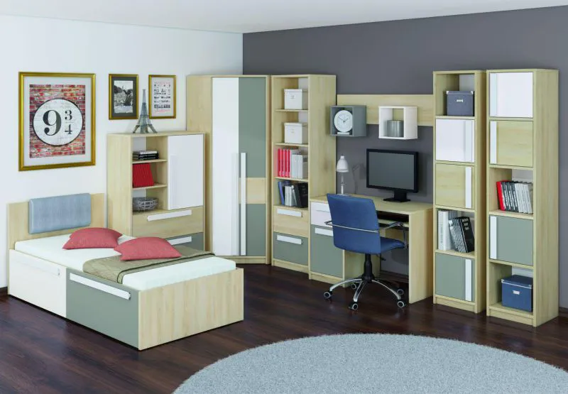 Jugendzimmer - Eckkleiderschrank, Farbe: Buche / Weiß / Platingrau - 199 x 82 x 82 cm (H x B x T) Abbildung